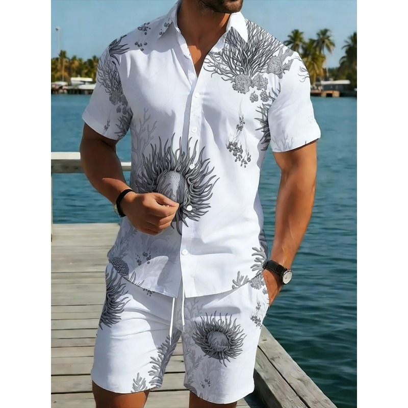 Beach Shirt Hawaiian - طقم قميص هاواي مزهر وشورت للرجال