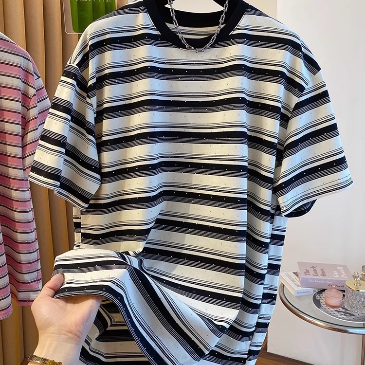 Summer Clothing Outlet - تي شيرت قطني مخطط بأكمام قصيرة