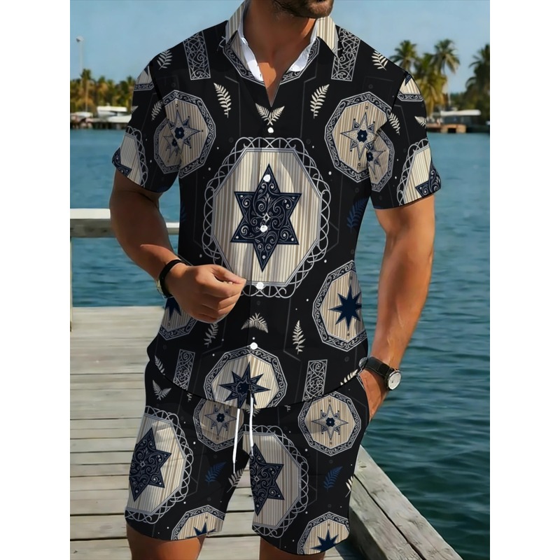 Beach Shirt Hawaiian - طقم قميص وشورت رجالي بنمط النجوم